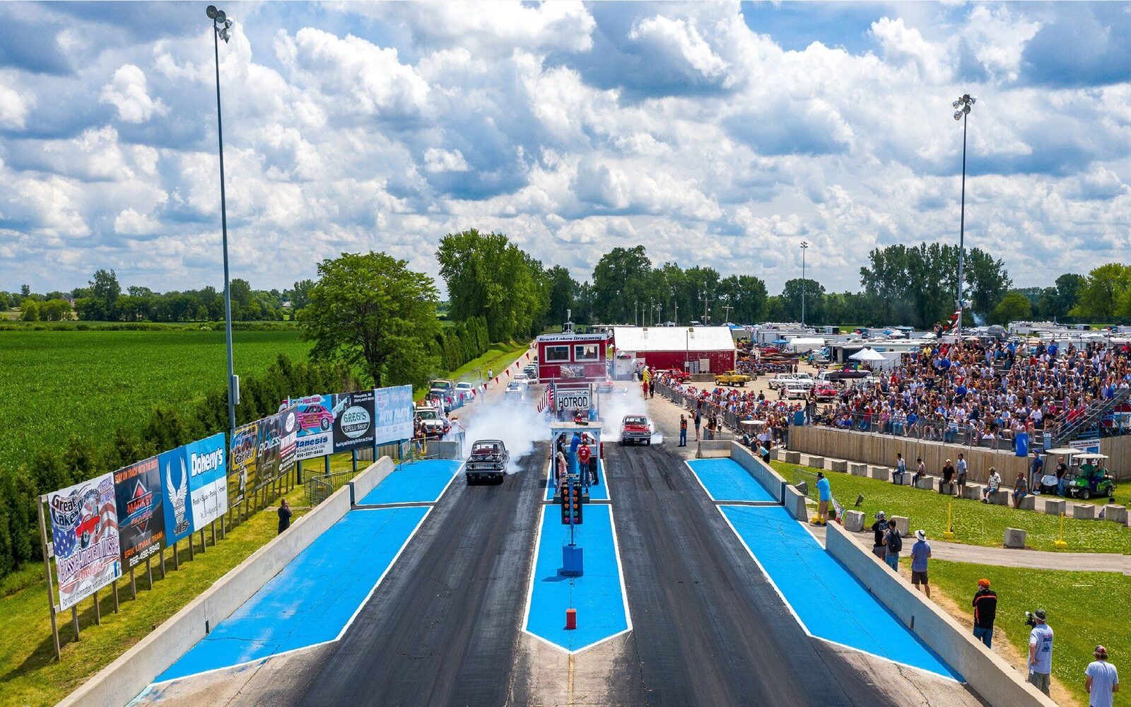 Aerial view of Great Lakes Dragaway on race day